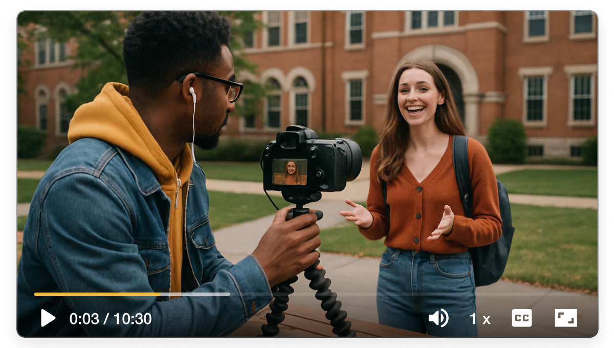 Campus promo video maker in Visla showing students and creators filming a polished campus video